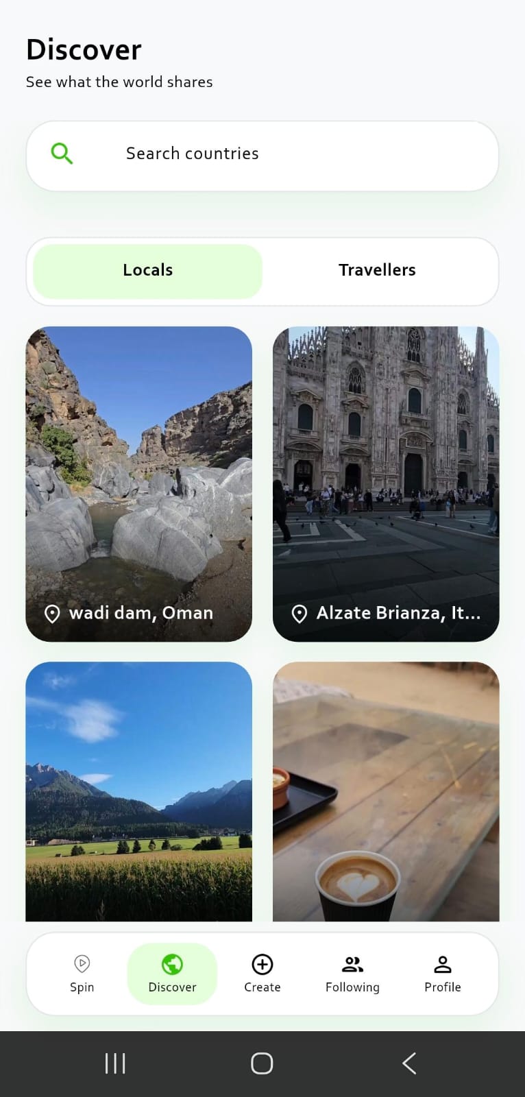 Gawwap Discover screen showing country search, Locals and Travellers filters, and destination posts