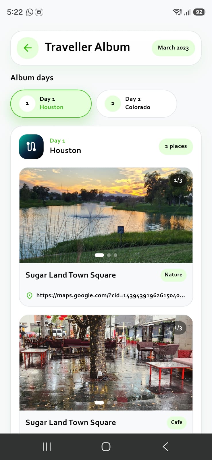 Gawwap Traveller Album screen showing trip days and saved places